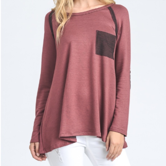 Tops - Burgundy Long Sleeve Pocket Tee 08014